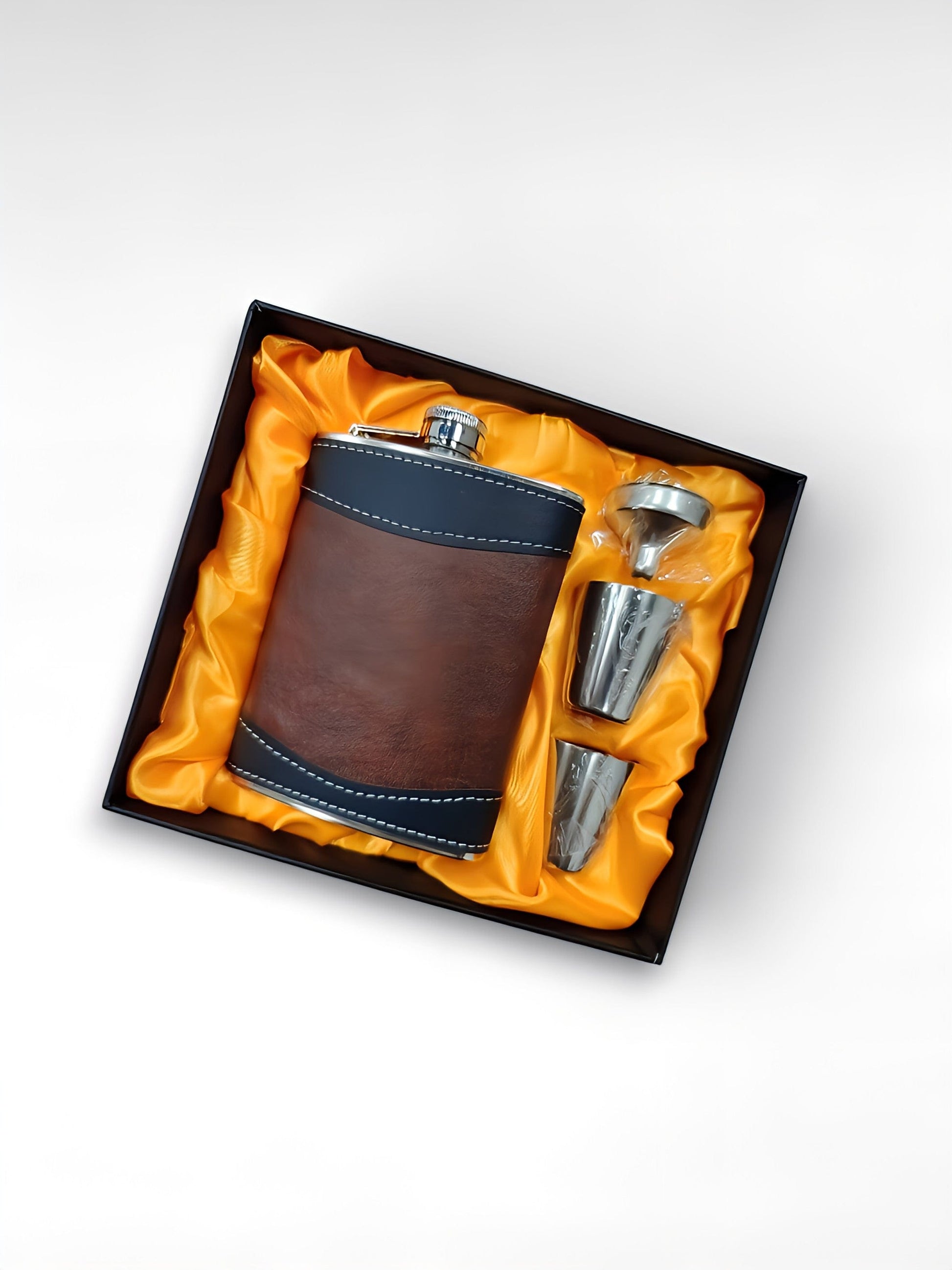 Coffret flasque alcool marron / 230ml / acier inoxydable